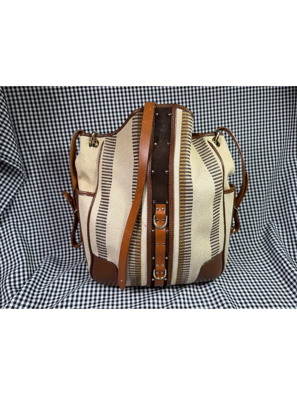 Belstaff England Canvas Leather Tote Bag Striped Brown Cream Shoulder Handbag